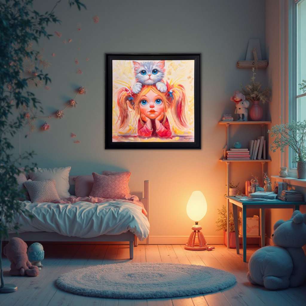 Kedili Kız Yağlı Boya Tablo