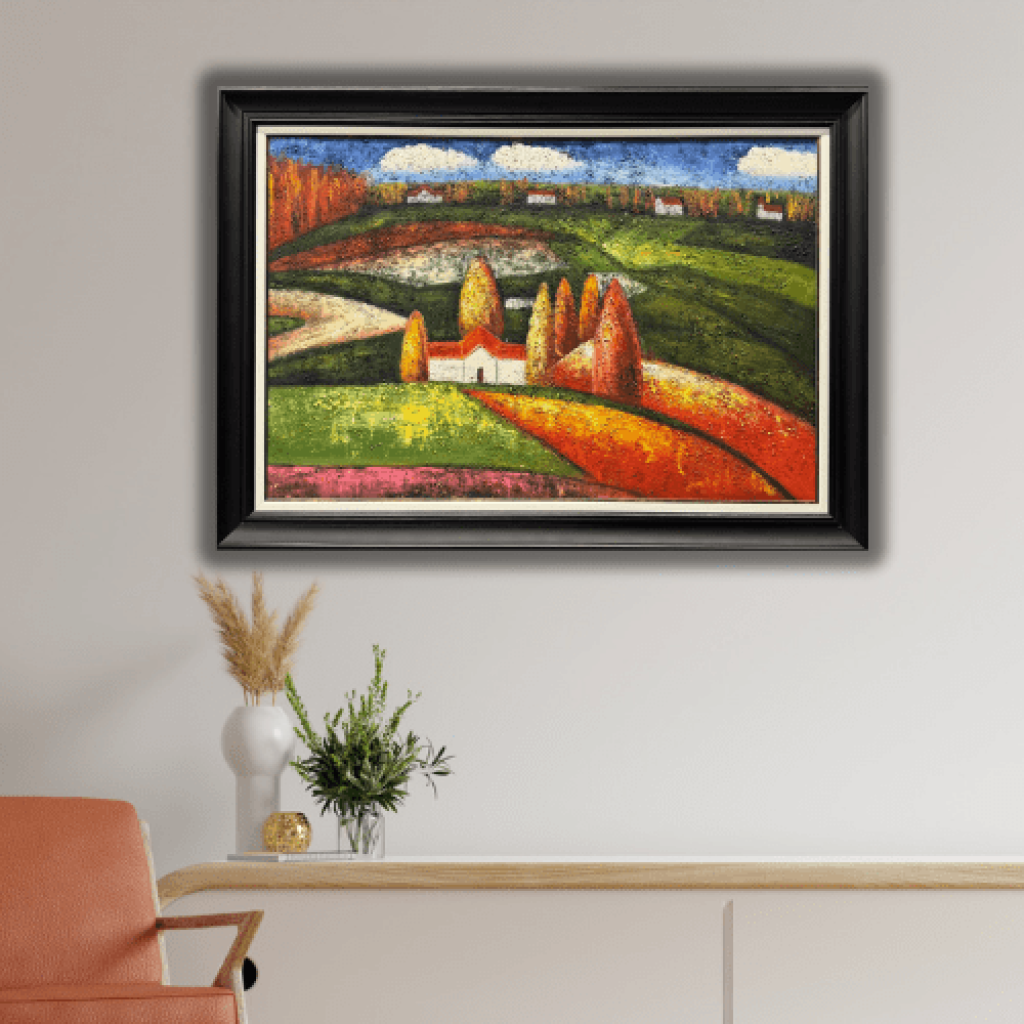 Renkli Kır Evi Yağlı Boya Tablo